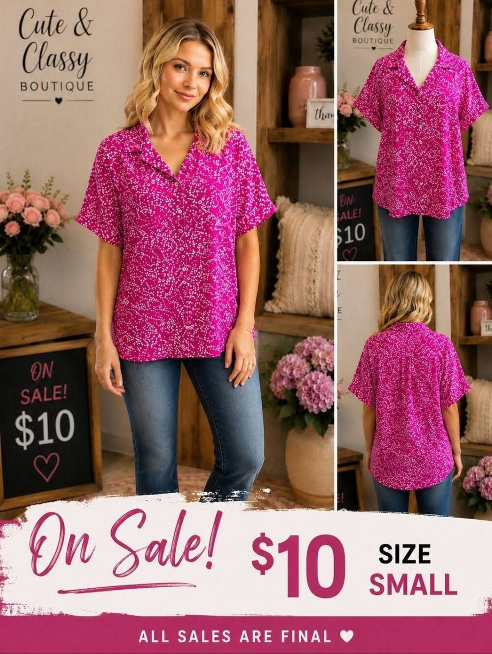 Pink Printed Short-Sleeve V-Neck Top